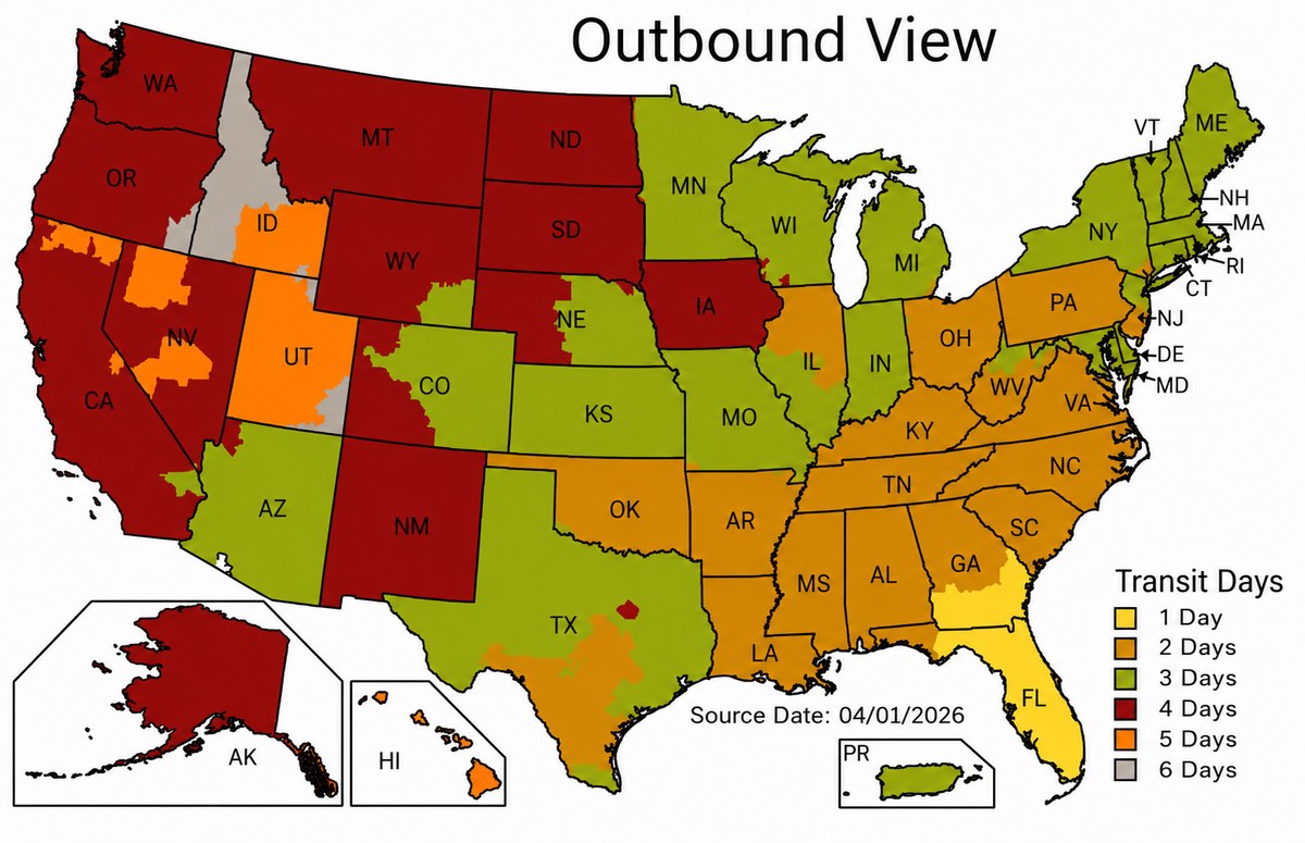 UPS Ground transit-time map from Orlando, Florida